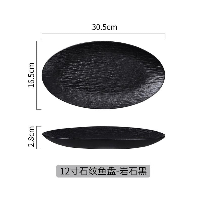Japanese-style premium black and white ceramic dinnerware - high-end rock texture dinner plates for home use - round steak and chop dishes for restaurants