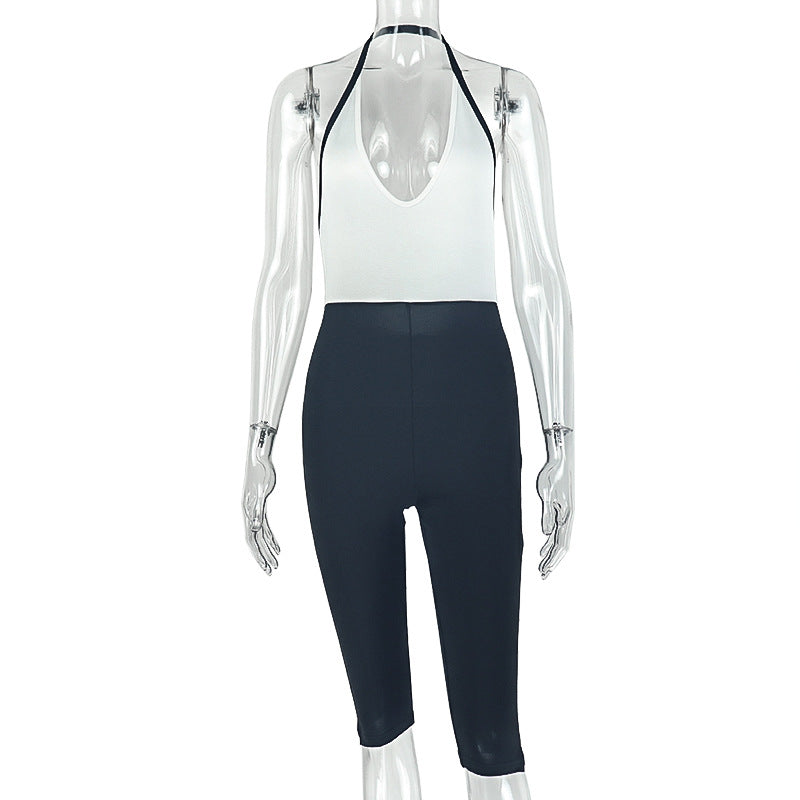 European and american style ins cross-border black and white patchwork women's tight elastic outing jumpsuit v neck hip-covering backless jumpsuit