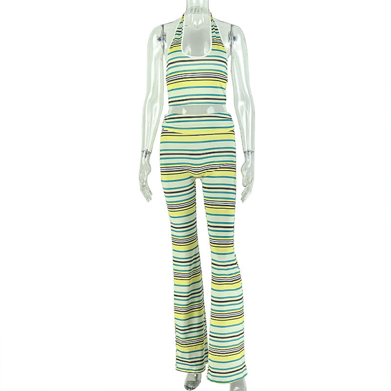 European and american style ins foreign trade color block stripesd women's printed pants suitcrop top hip hanging neck u-neck sleeveless two-piece set