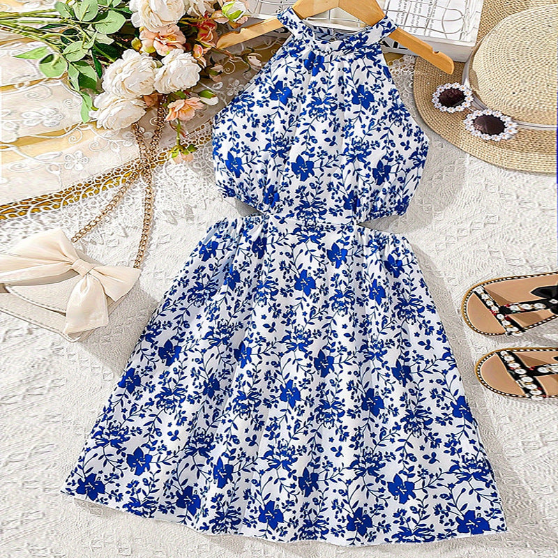 summer romantic sweet country style floral dress - export quality, mid-to-large size, cutout waist tank dress for girls
