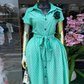 European and american cross-border women's fashion:  spring new arrival - stylish striped midi dress with turn-down collar, tie detail, and button-down front