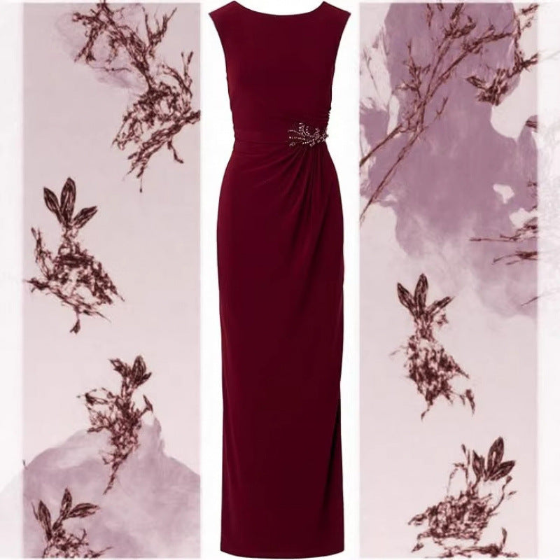 Amazon  summer fashion elegant wine red brocade embellished round neck dress for women