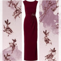 Amazon  summer fashion elegant wine red brocade embellished round neck dress for women
