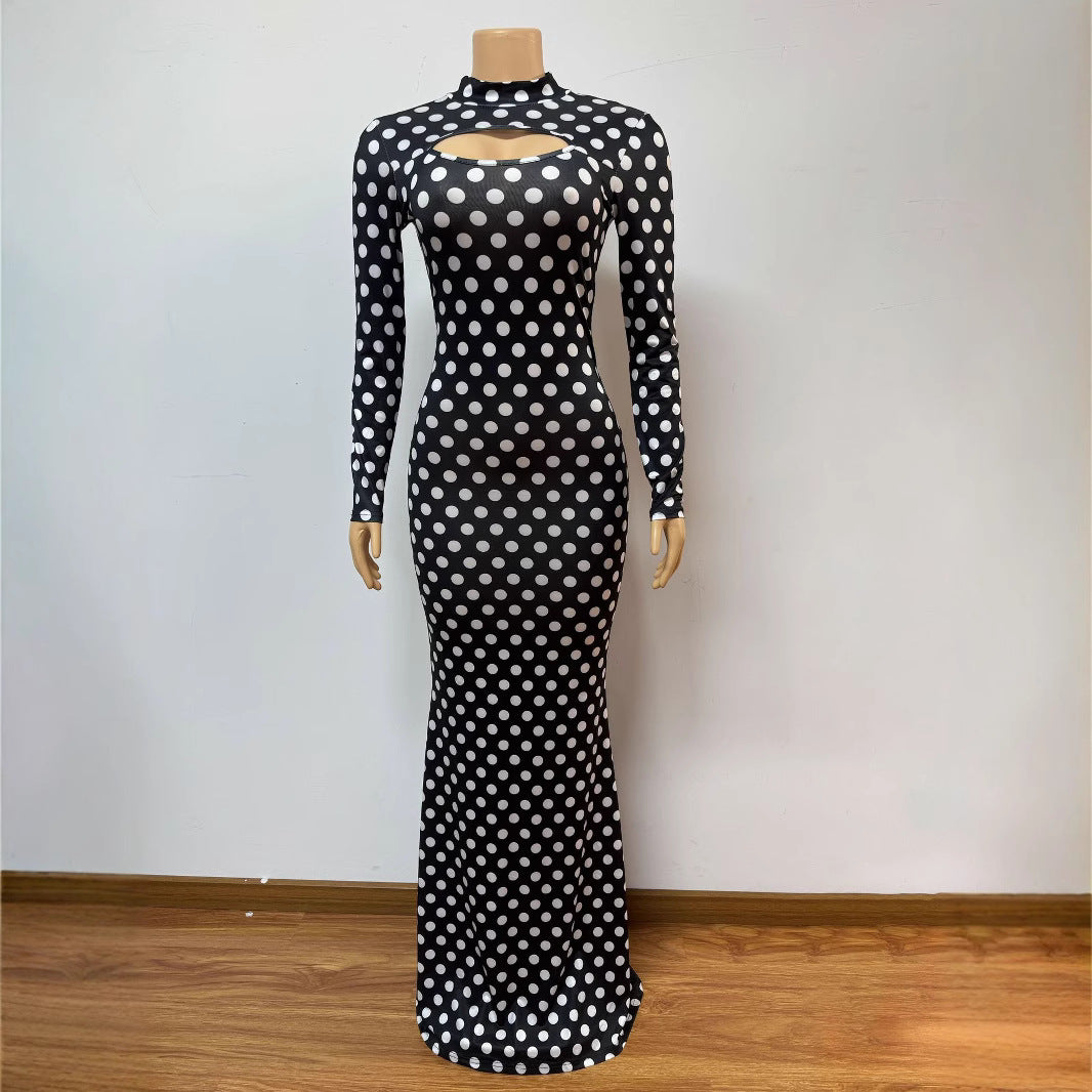 European and American new printed semi-turtleneck hollow sexy hip-wrapped long-sleeved dress polka dot long dress