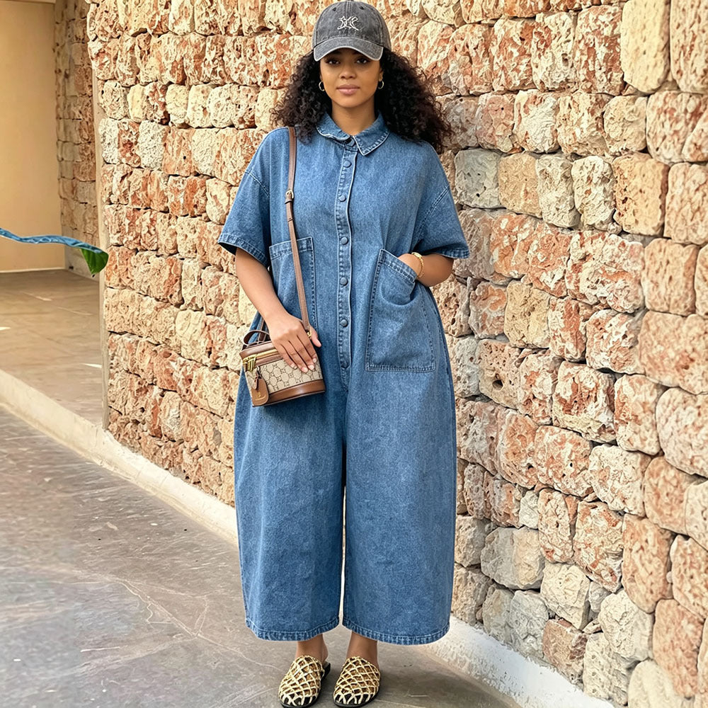 European and american style denim jumpsuit  cross-border foreign trade women's washed single-breasted short-sleeved loose jumpsuit