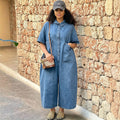 European and american style denim jumpsuit  cross-border foreign trade women's washed single-breasted short-sleeved loose jumpsuit