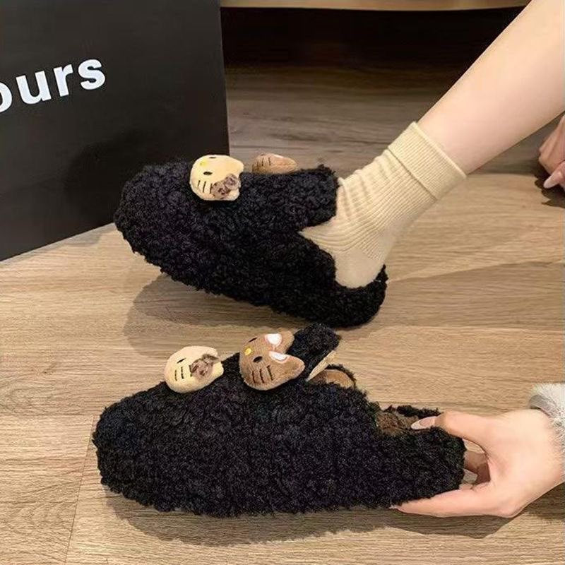 Lambswool thick-soled fuzzy slippers for women, autumn/winter outerwear, 2025 new style, leopard print closed-toe fleece-lined cotton slippers (pairs well with skirts)