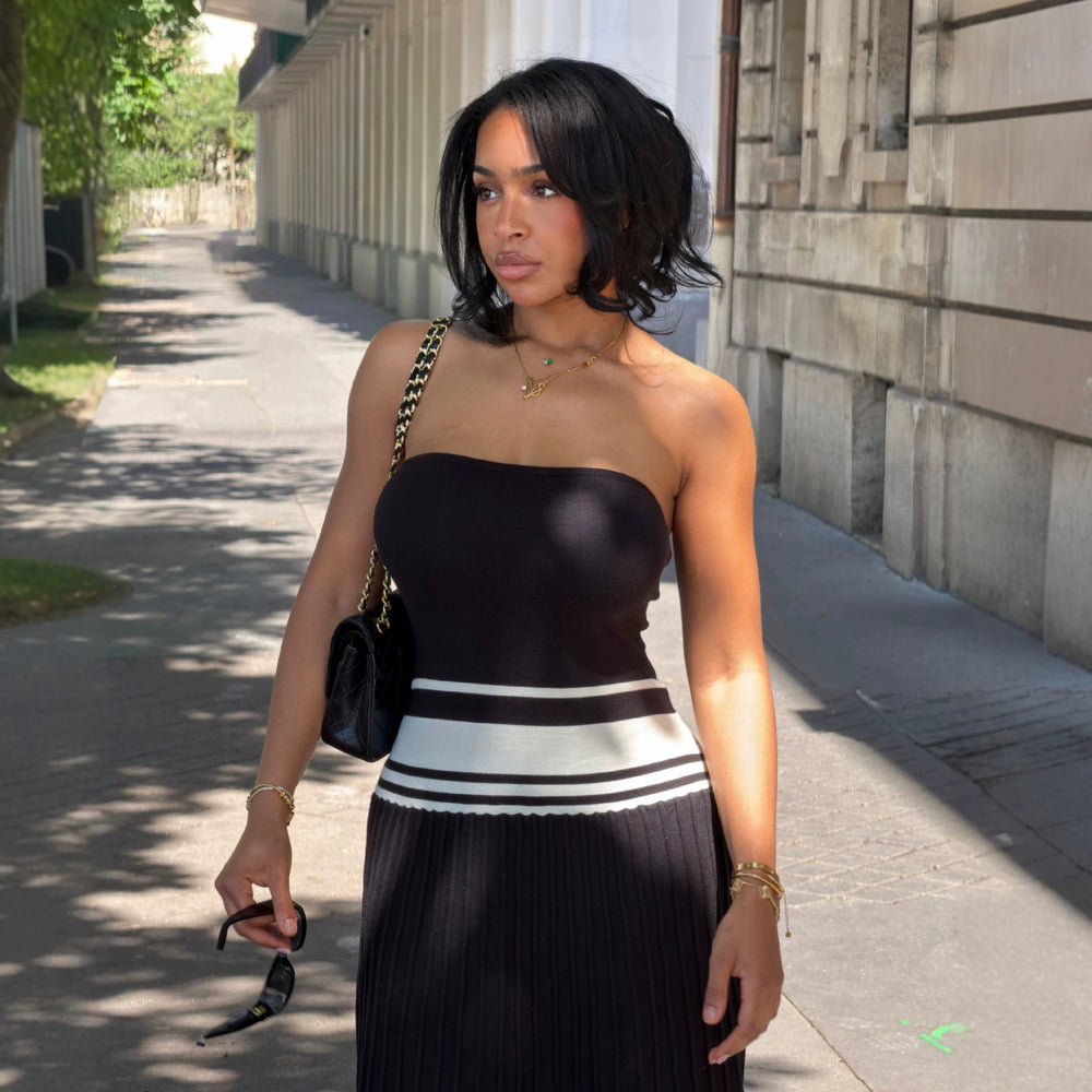 European and american cross-border women's fashion:  summer new arrivals - sexy and chic bandeau color block slimming pleated dress