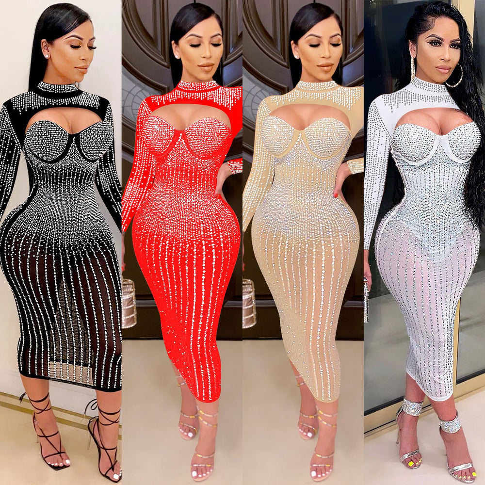 C5842 cross-border new arrival: european and american fashion women's party nightclub mesh see-through rhinestone embellished strappy dress