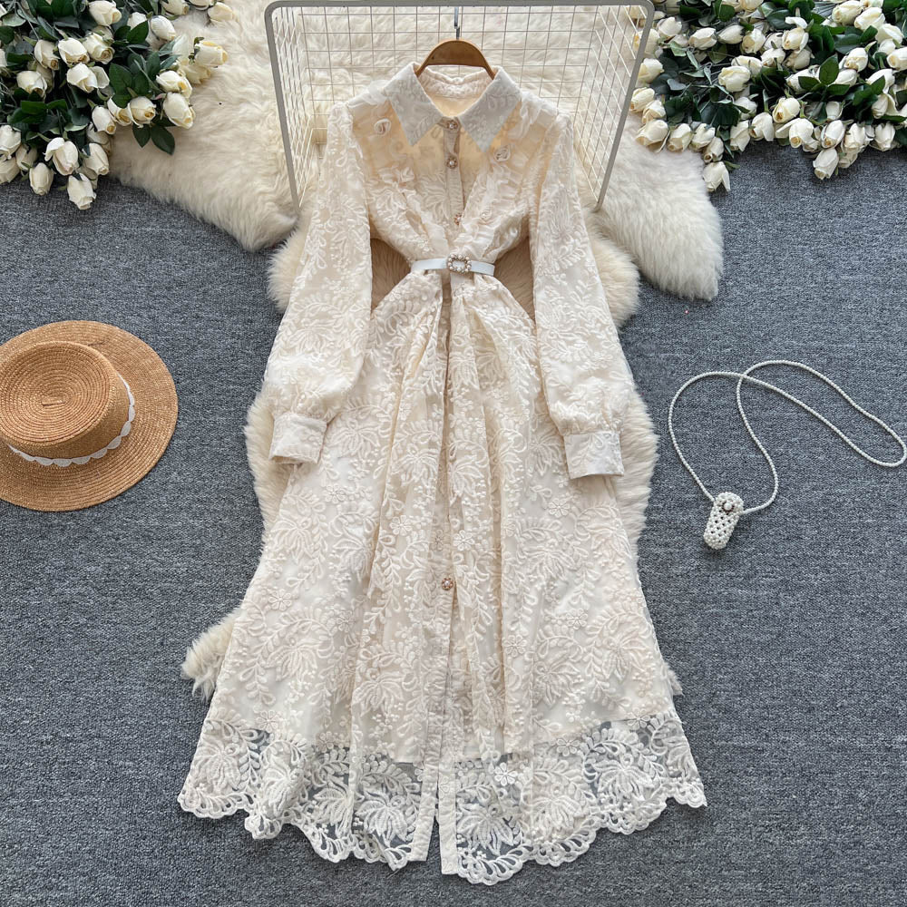 French chic elegant high-end embroidered mesh dress - women's autumn tie-waist single-breasted maxi dress