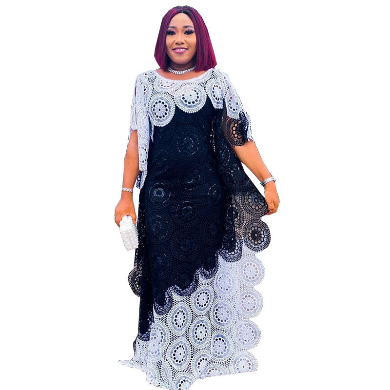 Export african women's plus size embroidered lace color block loose batwing sleeve robe maxi dress