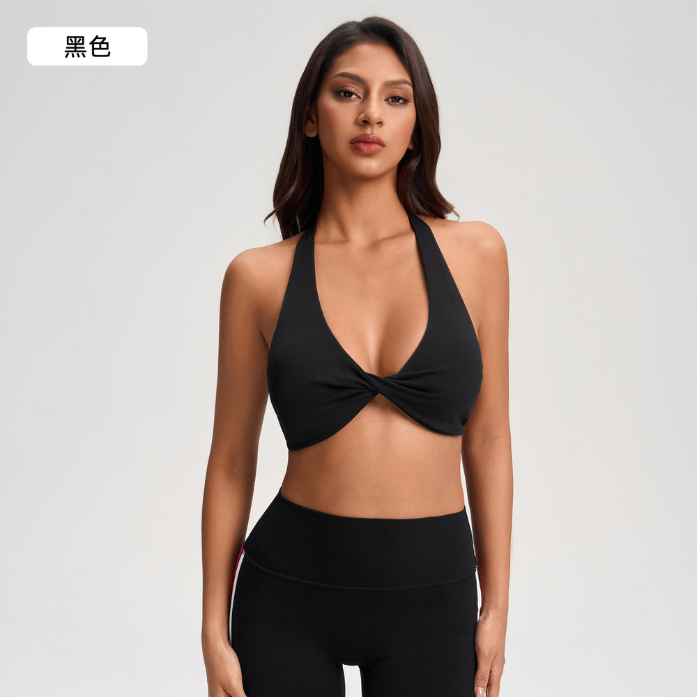 Sexy deep v halter bra with twist detail - breathable, backless, push-up sports bra for pilates and yoga - yg-1005