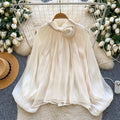 Gentle wind red bell sleeve satin pleated shirt women's spring summerlooseslimming lookfrenchelegantwork clothingtops