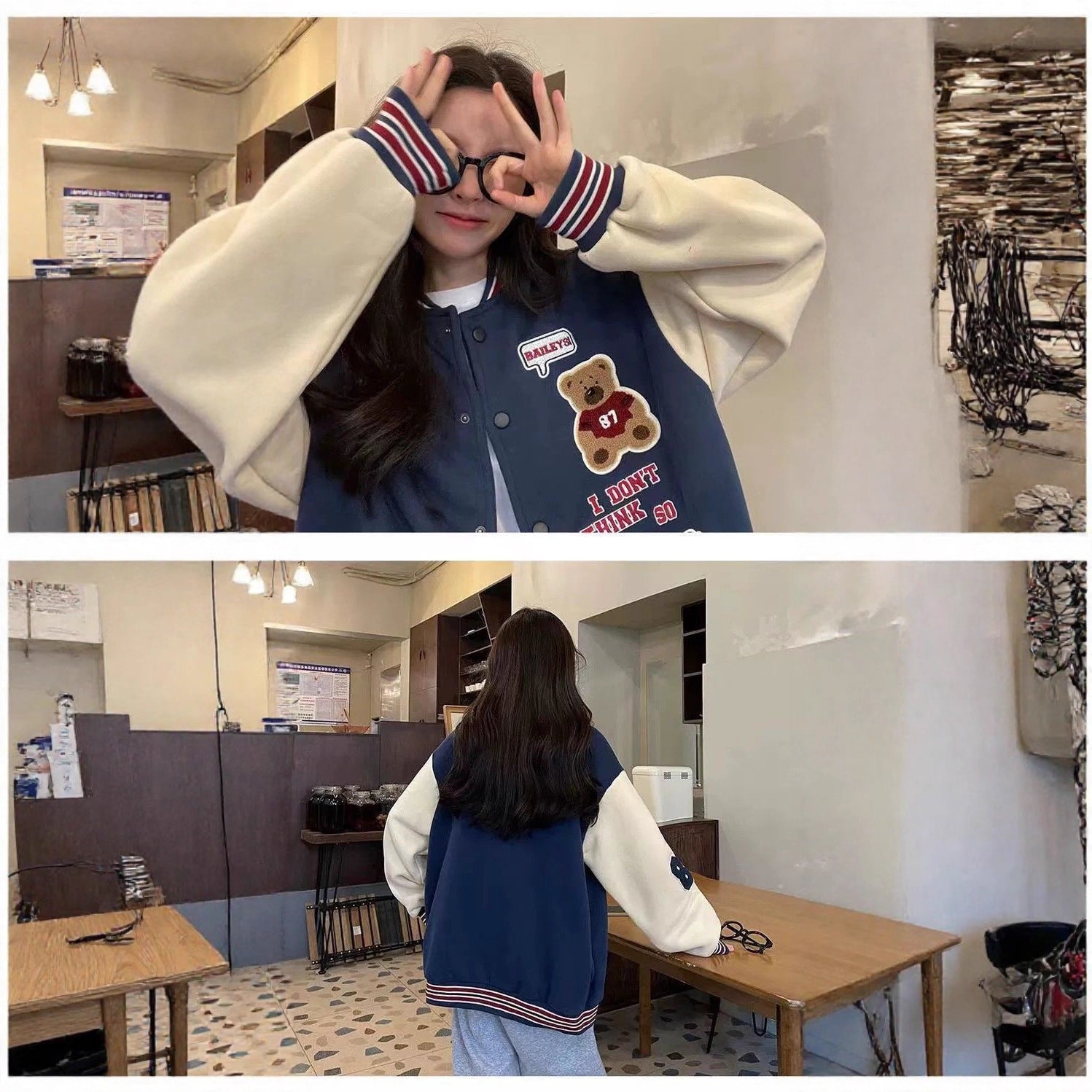 American baseball jersey student jacket women's autumn and winter new trendy brand loose and comfortable top thickened version color matching retro