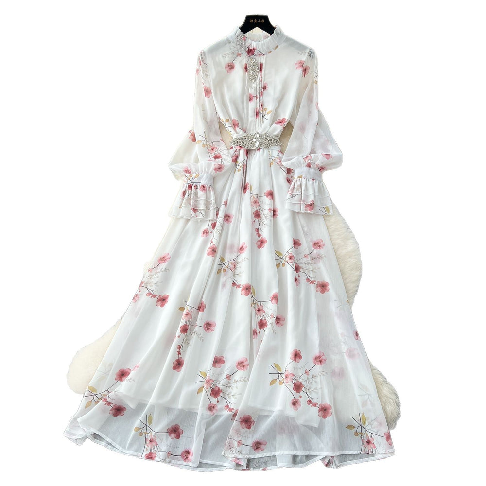 French chic dress - new  collection: fashionable, diamond-accented, slim-fit, elegant printed chiffon midi dress