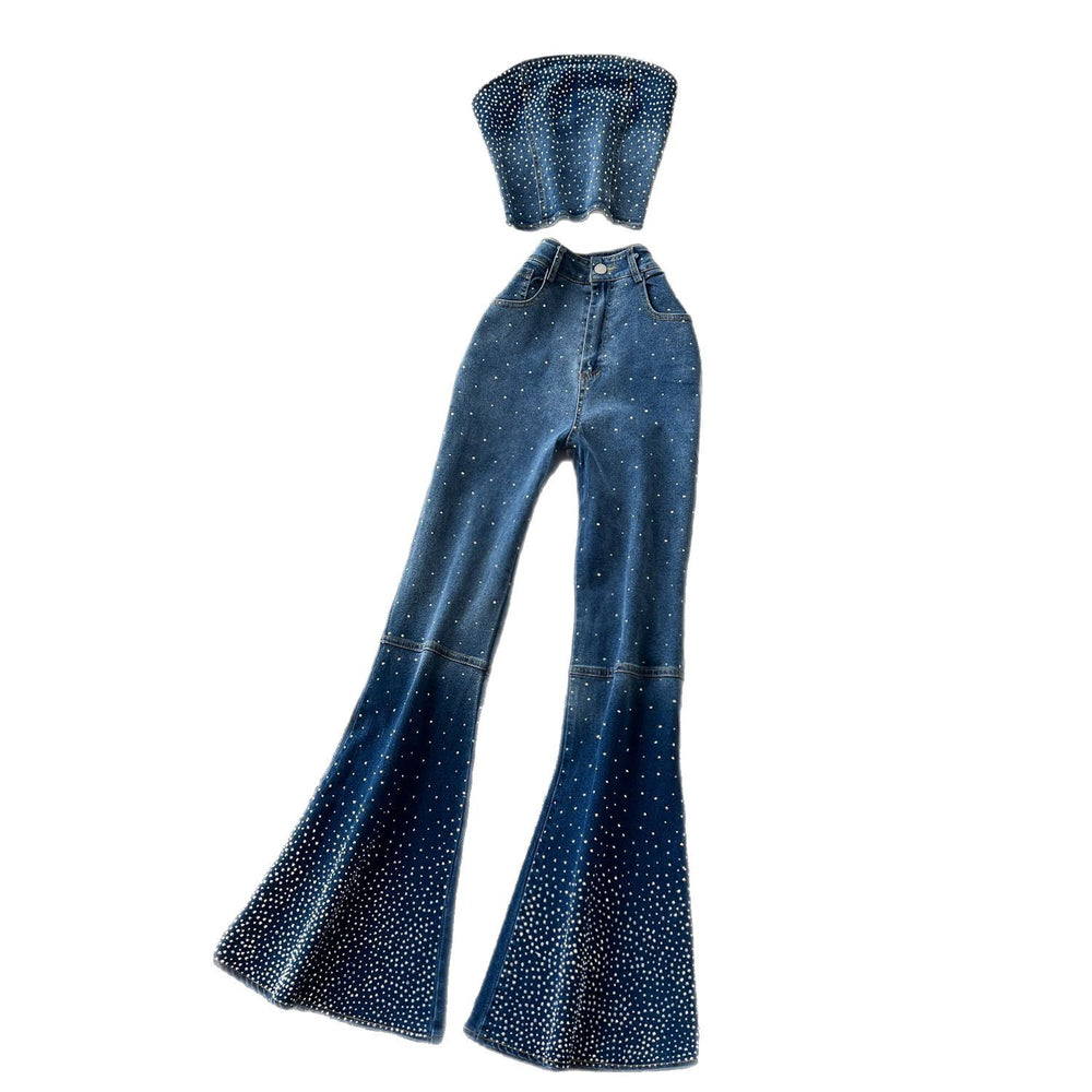 European and american cross-border fashion rhinestone denim set for women - summer sleeveless bandeau top + high-waisted flare denim pants