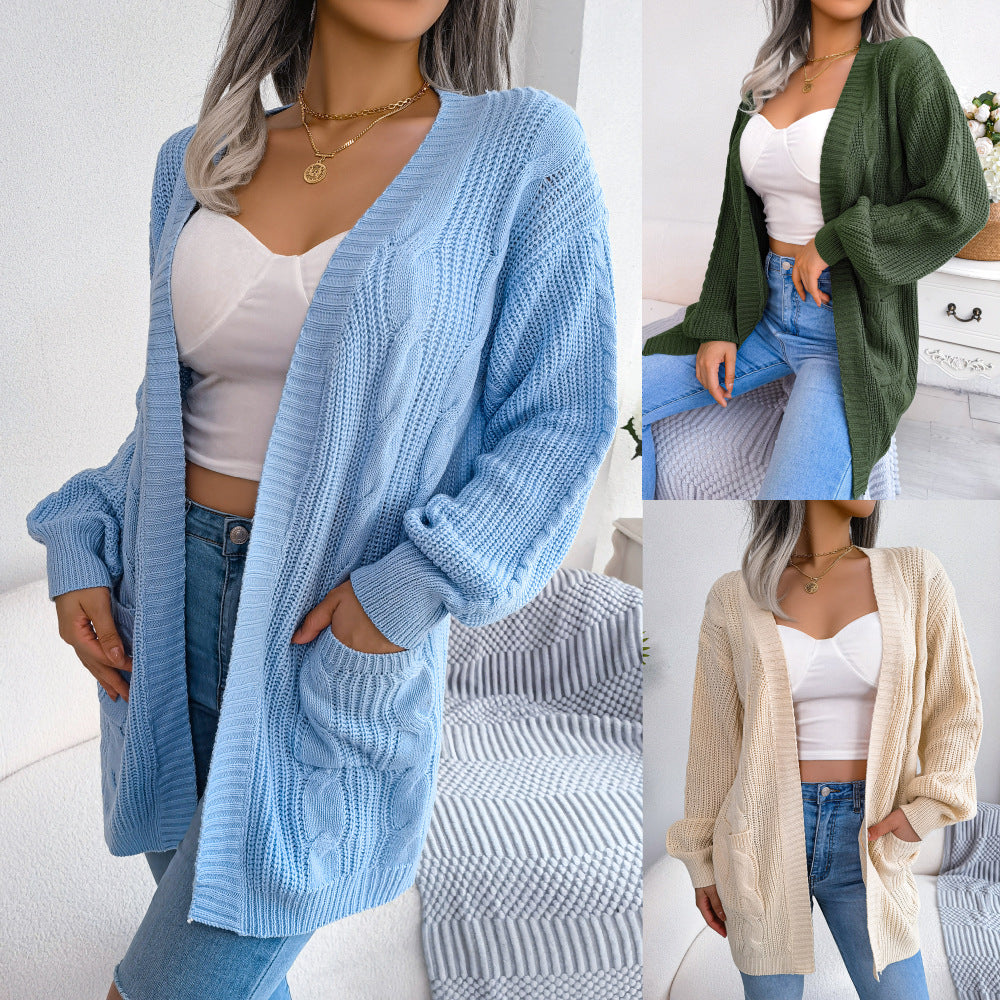 Europe, America, autumn and winter twist lantern sleeves casual pocket cardigan sweater jacket,  popular  women's clothing