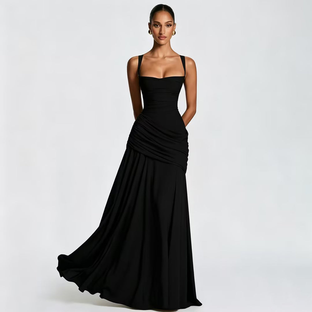 European and american style women's spring  new arrival: elegant solid color low-cut ruched camisole dress with cinched waist and open back - wholesale