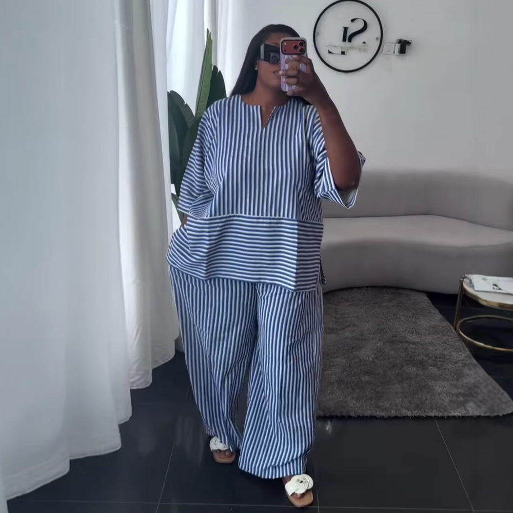 European and american cross-border women's fashion:  summer new arrivals - stylish and elegant striped loose-fit shirt and wide-leg pants casual set