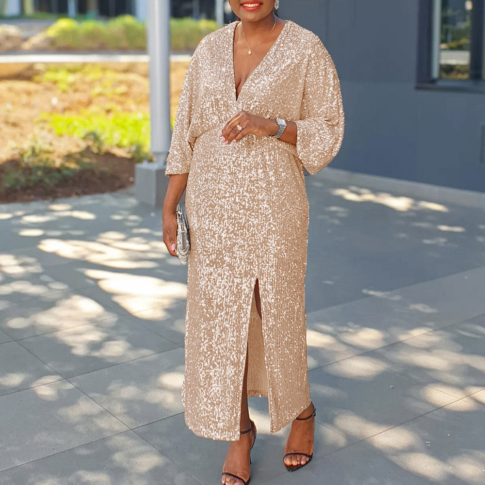 D3308 european and american plus size women's autumn new arrival loose v-neck fashion sequin slit maxi dress african plus size dress