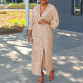D3308 european and american plus size women's autumn new arrival loose v-neck fashion sequin slit maxi dress african plus size dress