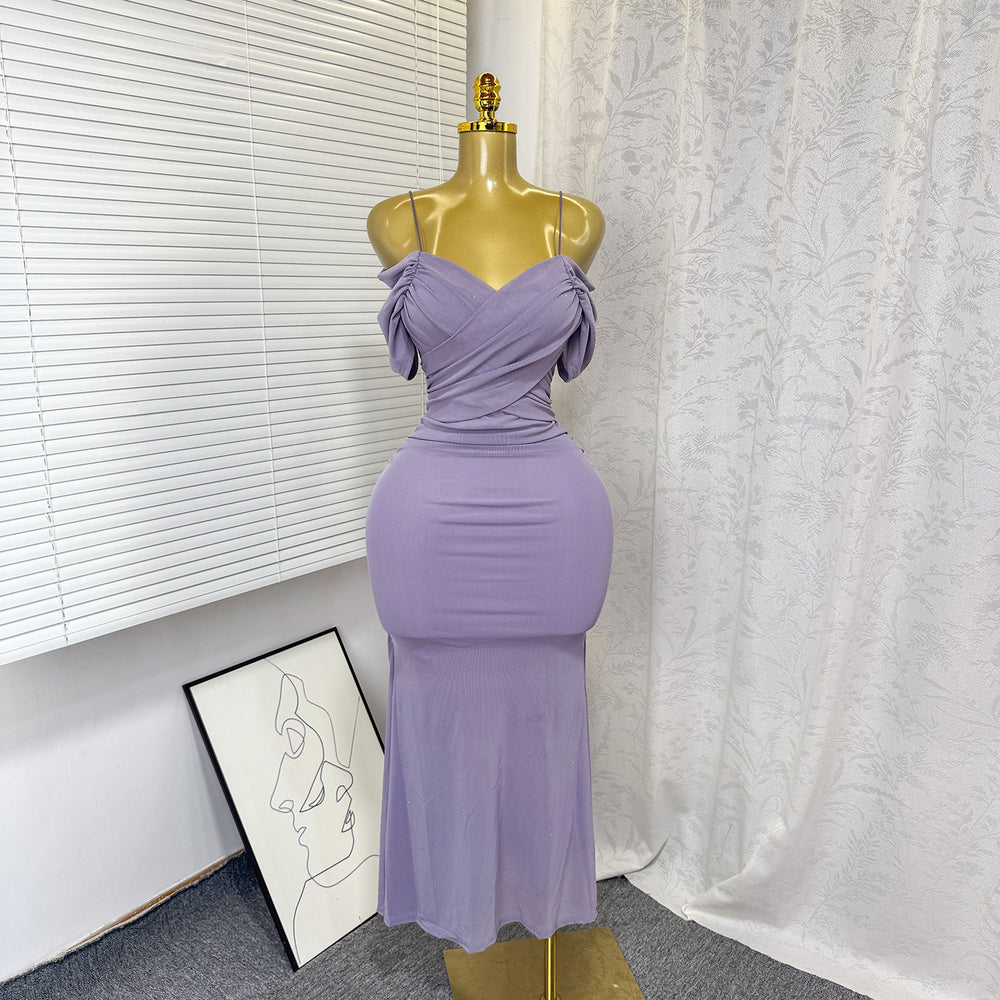 Export cross-border elegancepure color one shoulder suspender silmdress female summer pure lust style high waistelegant hip skirt