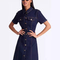 new european and american cross-border  independent station foreign trade short-sleeve turn-down collar casual denim dress for women