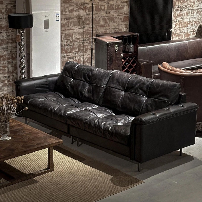 Vintage leather sofa - black oiled leather nebula sofa - retro designer living room sofa - small apartment 3-seater