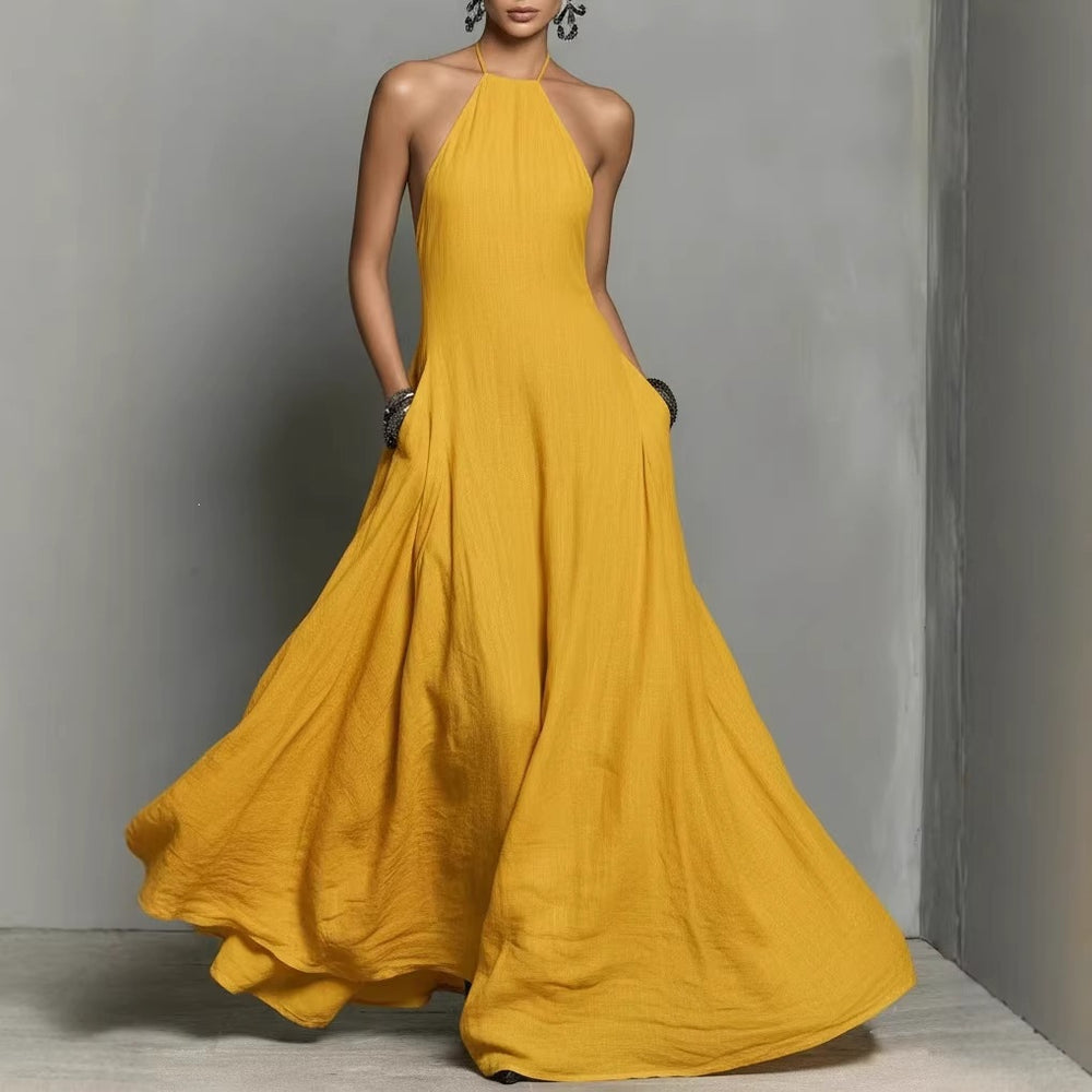 spring/summer new arrivals: european and american -style independent store cotton-linen blend minimalist open-back sleeveless maxi dress