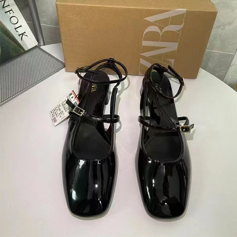 Za2024 new spring low-heeled mary jane flats square toe buckle shallow back strap one-strap thick heel sandals