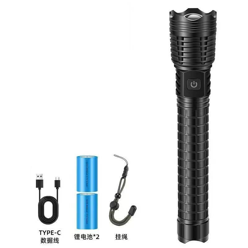 White laser telescopic zoom strong light flashlight power display USB charging household outdoor lighting strong light flashlight