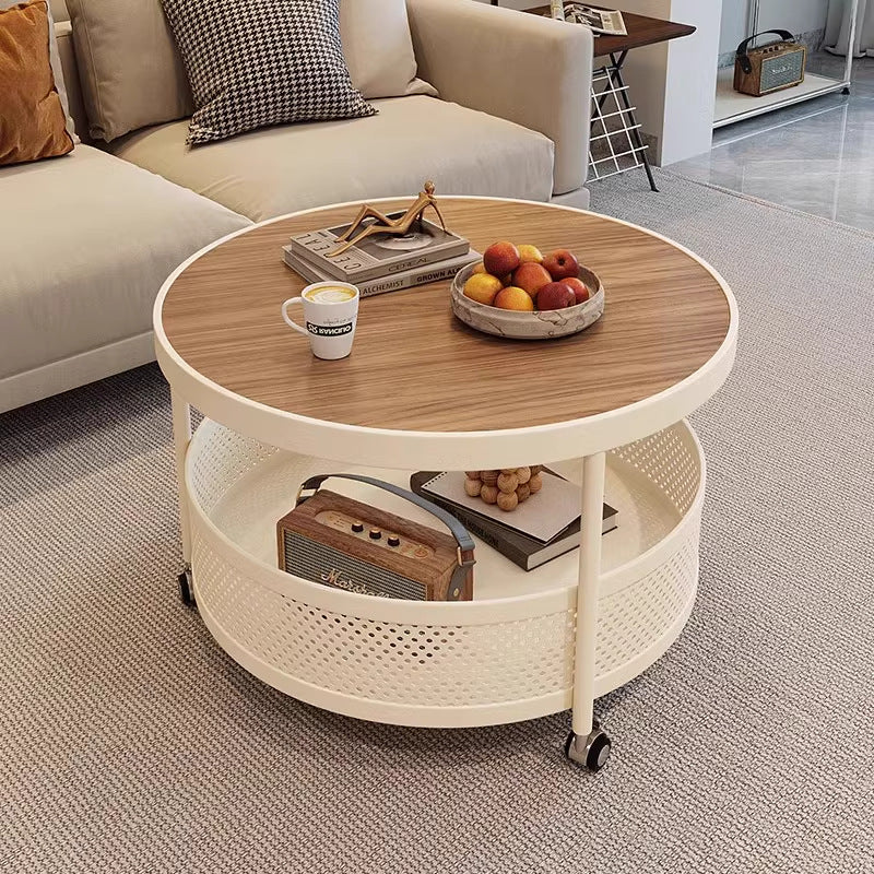 Accessible luxury style round small apartment movable coffee table living room for home slate small round table double-layer storage trolley