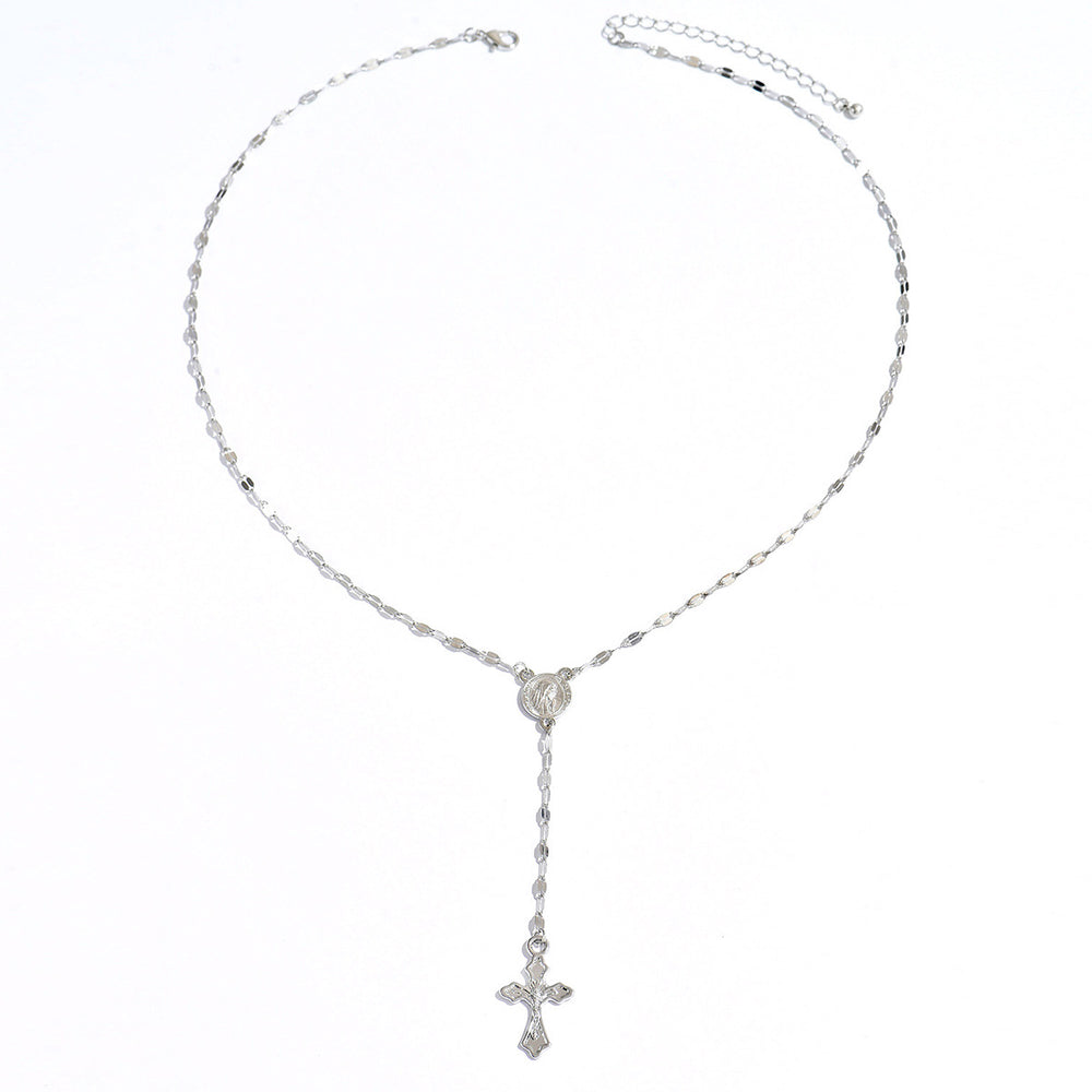 Long tassel cross necklace wholesale cross-border retro high-end jewelry women's white hair madonna portrait sweater chain