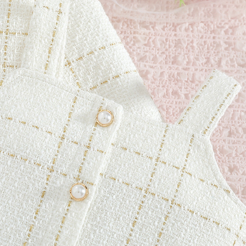 European style tweed girl's camisole set - turn-down collar long sleeve jacket & plaid autumn french two-piece dress
