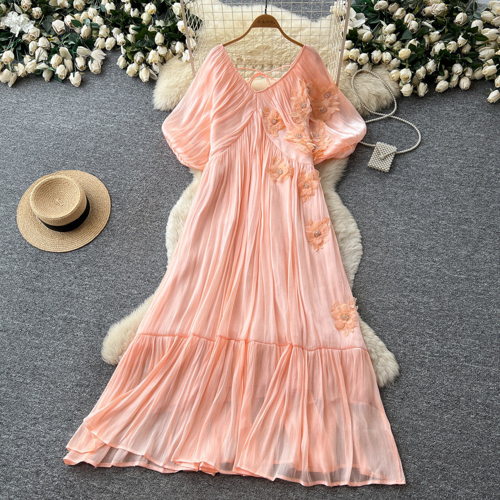 Vacation style stereo flower embroiderdress female summerv neck light mature style waist slimming look fairy draped long skirt
