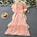 Vacation style stereo flower embroiderdress female summerv neck light mature style waist slimming look fairy draped long skirt