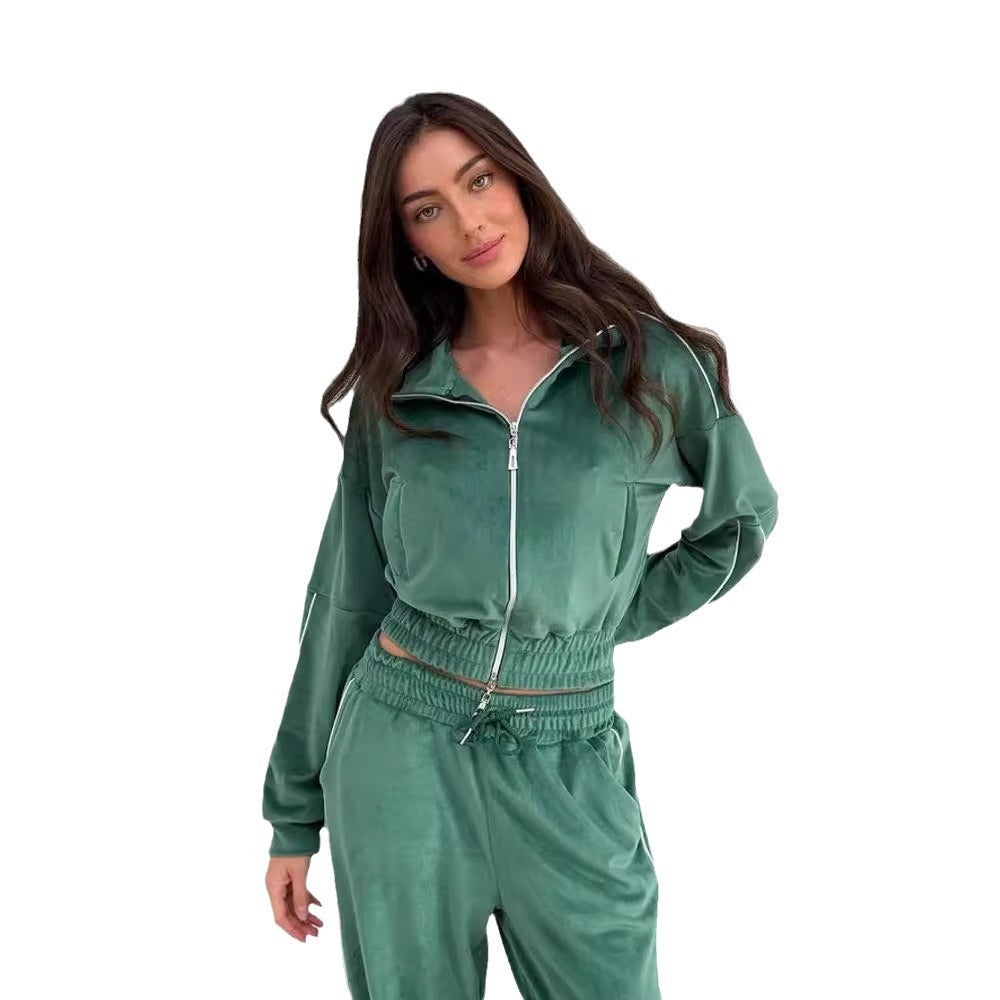 Europe and the United States new women's clothing solid color line long-sleeved lapel sports cardigan trousers suit fashion casual women