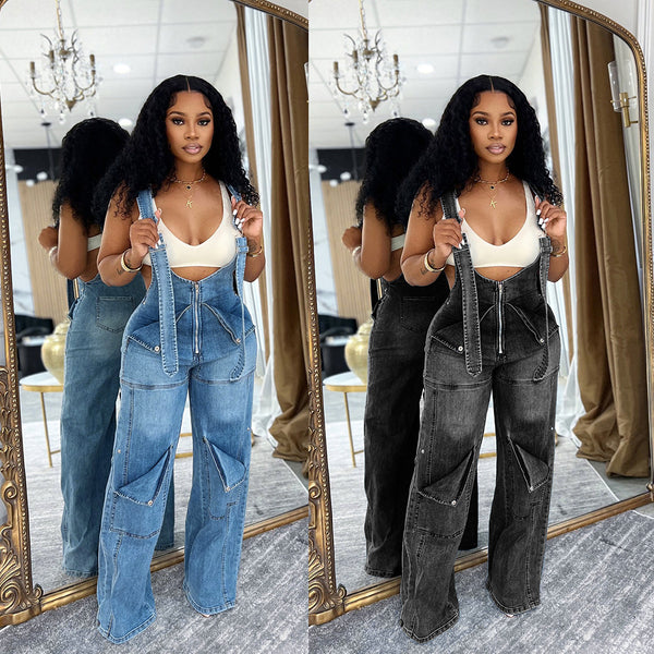 S391400  European and American loose version high-waisted denim overalls, women's fashion casual wide-leg jumpsuit