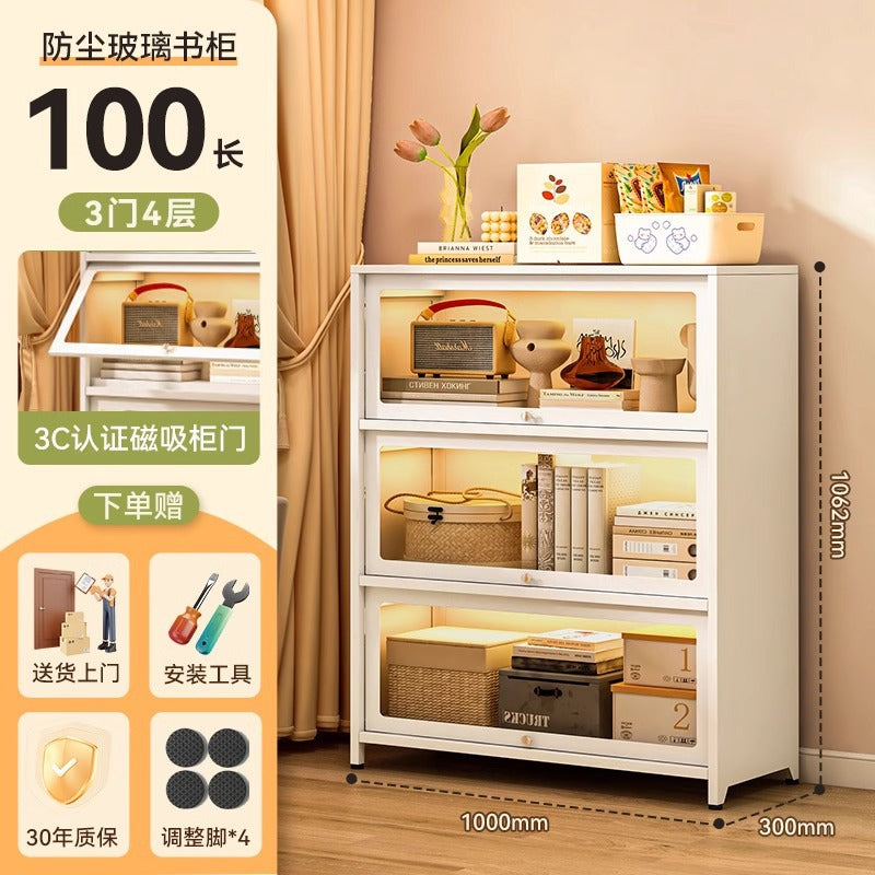 Steel bookcase with glass doors, kids' bookshelf, home living room storage cabinet, dustproof display cabinet, iron art shelf