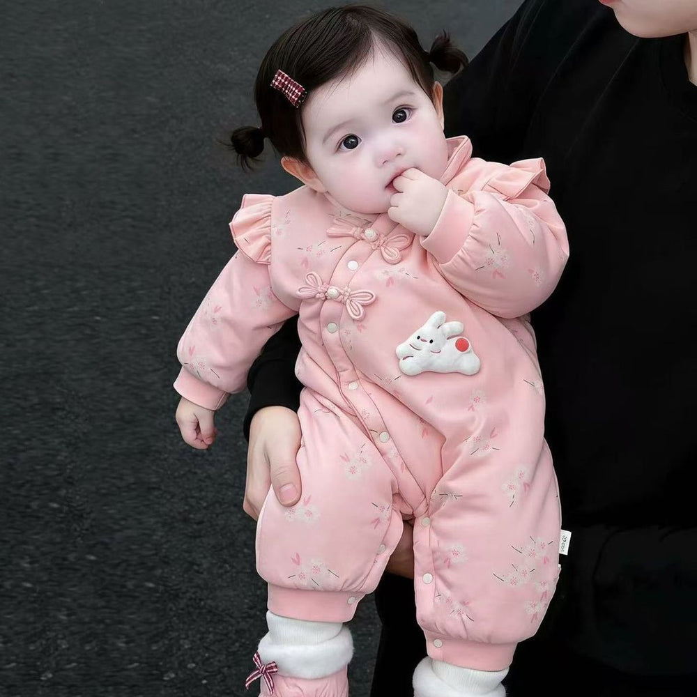 Winter baby romper fleece-lined bodysuit crawling suit cute super adorable bunny girl romper thickened warm onesie