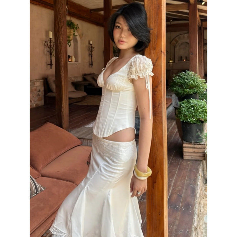 European and american style women's summer  new arrival: v-neck push-up bandeau tie-up bubble sleeve asymmetrical slim-fit t-shirt top