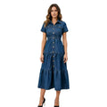 cross-border  new european and american casual short-sleeve denim dress, longline, cinched waist, plus size, trendy and fashionable