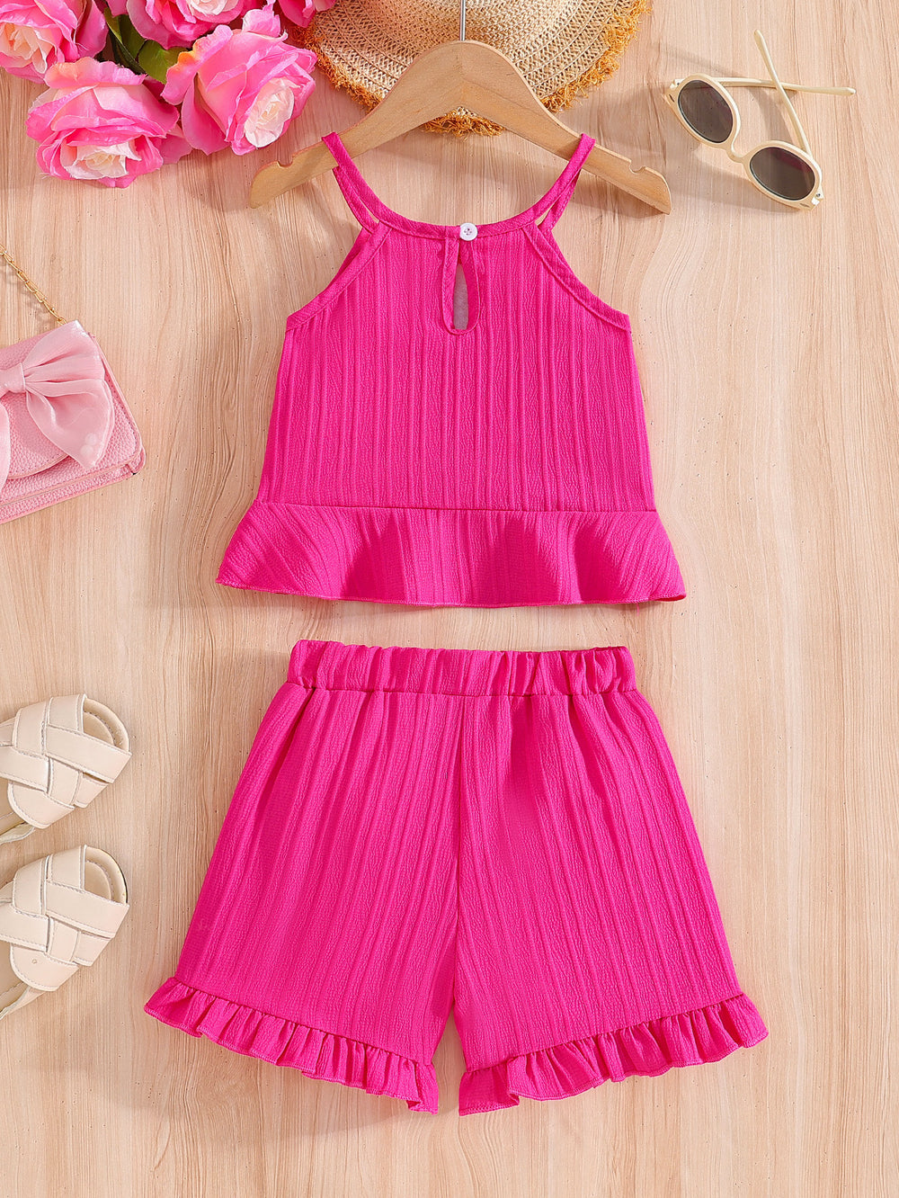 girls' sleeveless tank top two-piece set: rose red shorts with cute ruffle trim, kids' summer casual dress outfit