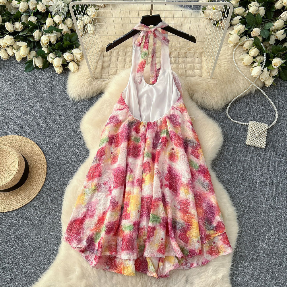 Summer 3d floral halter neck cami dress - loose fit, a-line, short, with ruffle hem - perfect for vacation