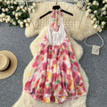 Summer 3d floral halter neck cami dress - loose fit, a-line, short, with ruffle hem - perfect for vacation