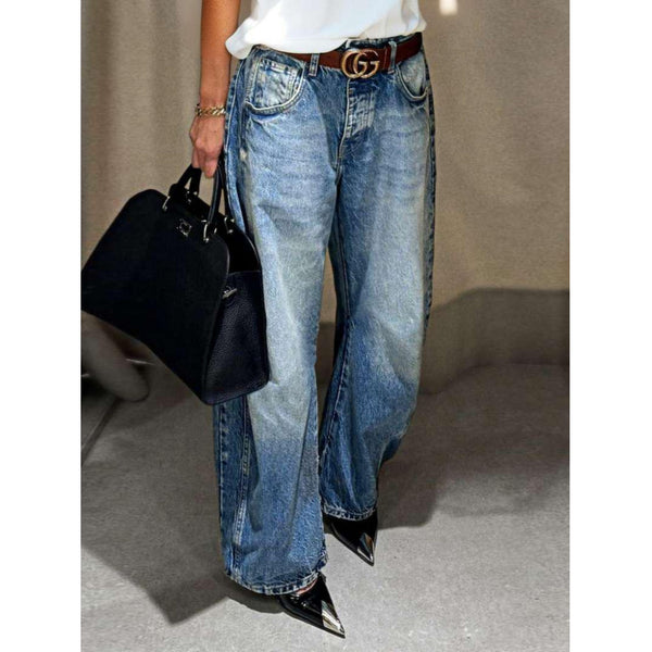 2025 new  standard size women's clothing nostalgic feng shui washed denim wide-leg jeans elastic fashion casual trousers