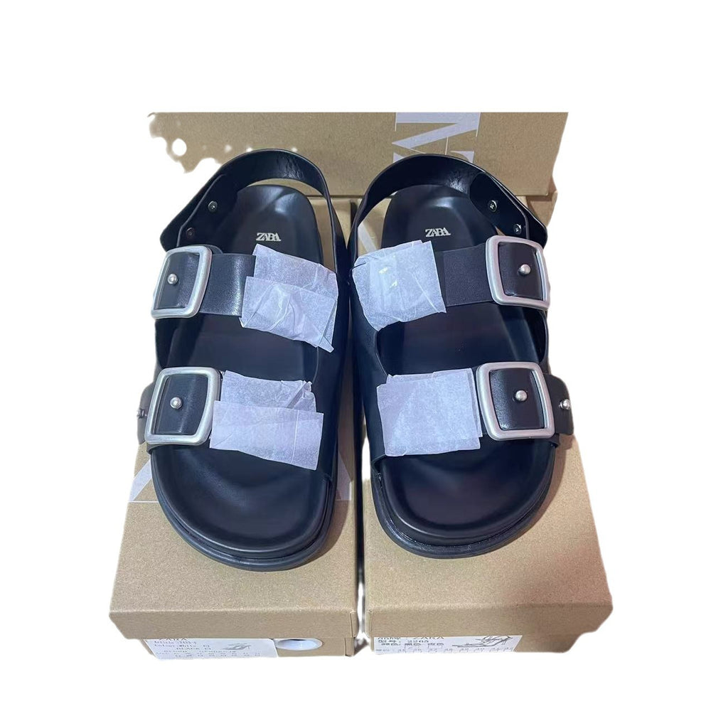 Za2024 autumn new arrivals: women's european & american fashion sandals - black studded flat leather sandals for outdoor wear