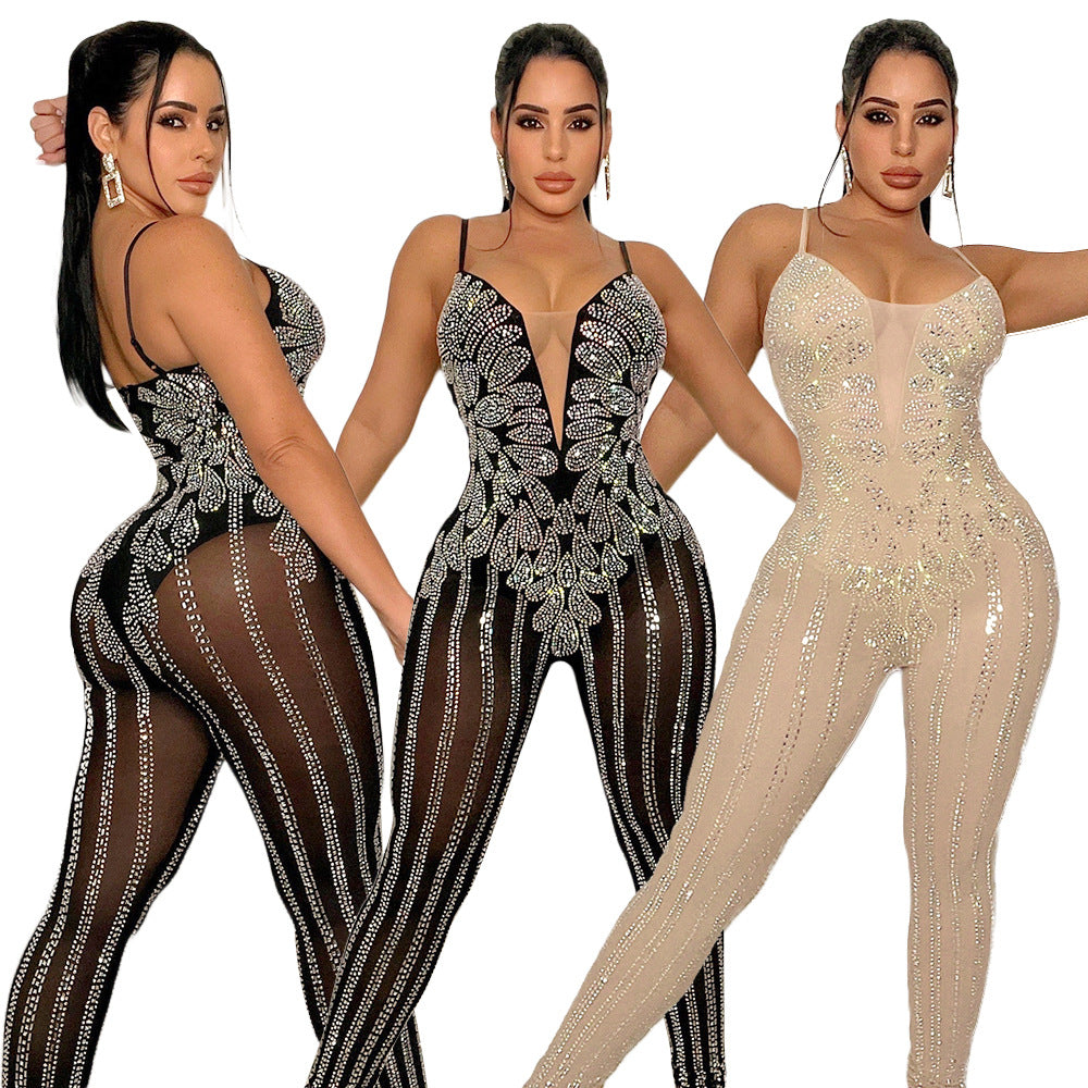 S390350  Cross-border Foreign Trade Fashion Sexy Mesh Perspective Hot Diamond Sleeveless Suspender Jumpsuit Women