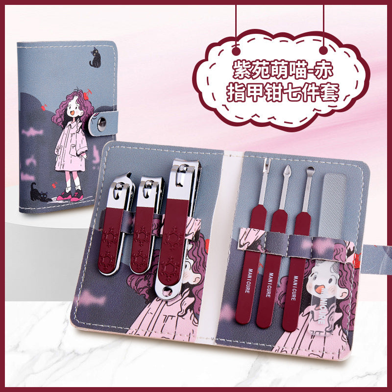 Cartoon stainless steel angled edge nail clipper set - 7 piece manicure & pedicure tool kit