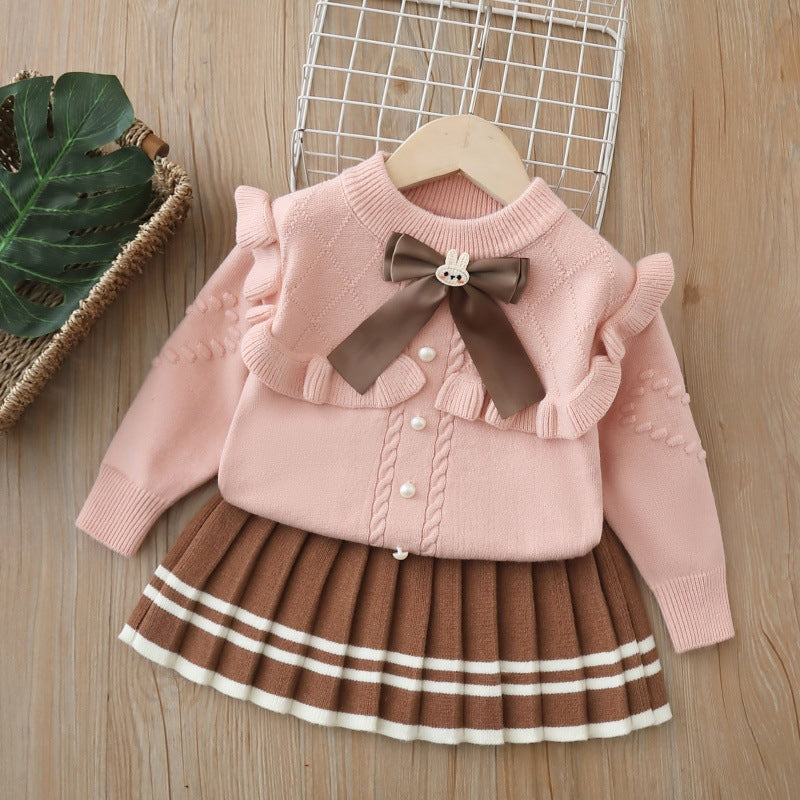 Girls' cardigan sweater two-piece set -  autumn collection - baby girl outerwear with cartoon bow detail - girls' outfit